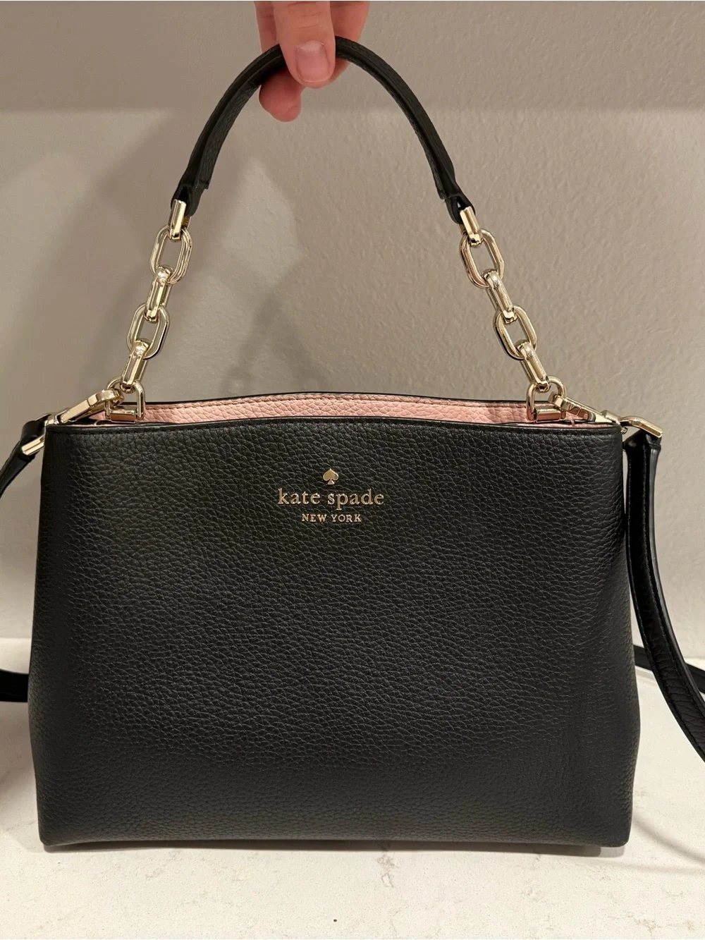 Kate Spade Aubrey Black Leather Crossbody with Pink Accent and Gold Chain